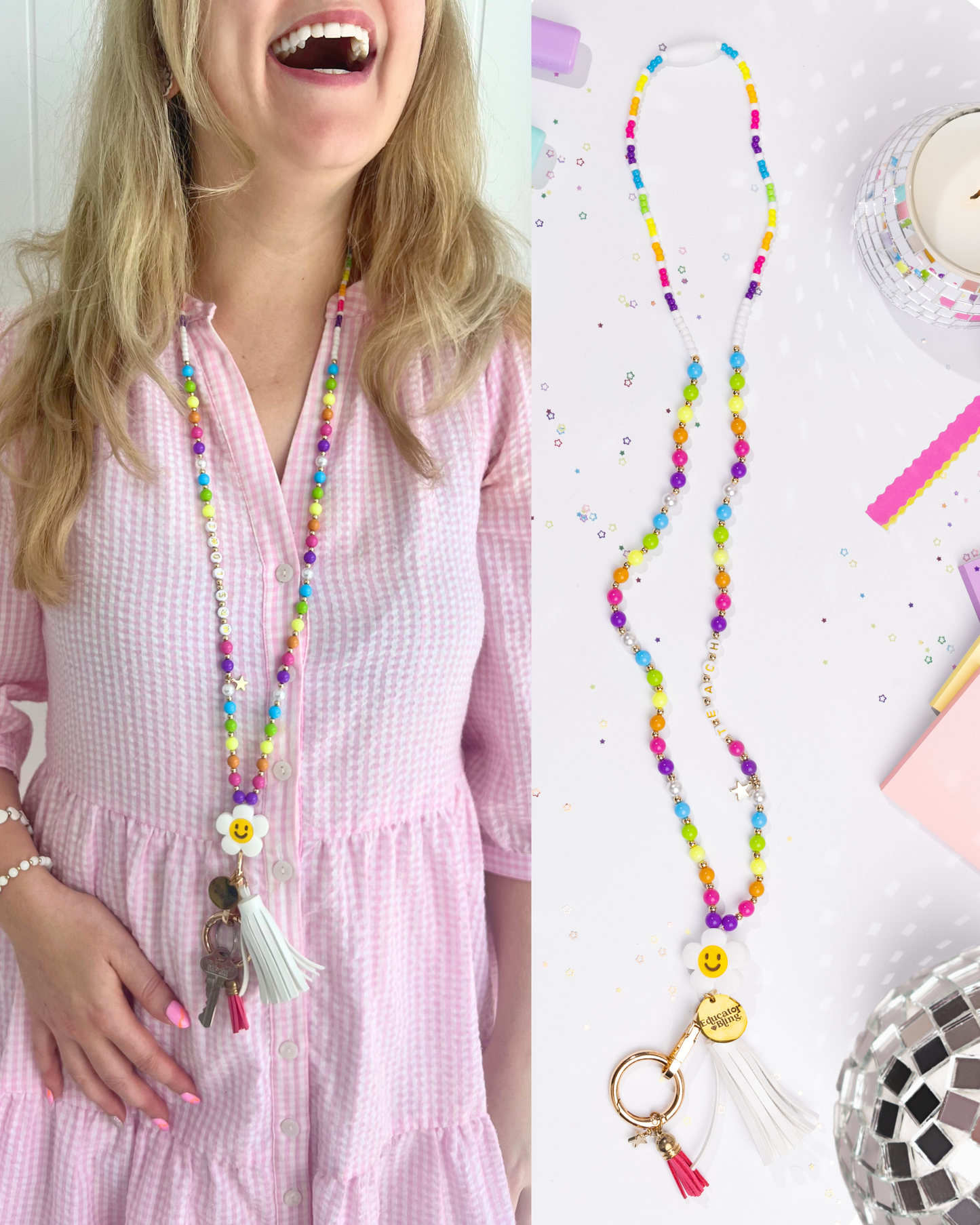 TEACH Teacher Beaded Lanyard - Rainbow Bright - Personalised Custom Name