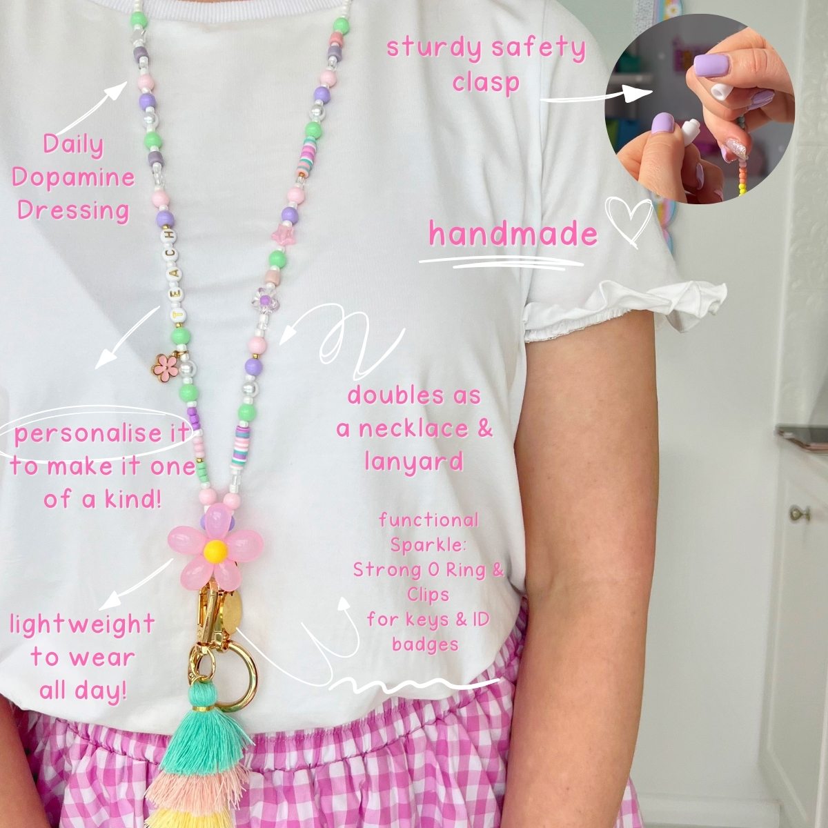 TEACH Teacher Beaded Lanyard - Pastel Rainbow