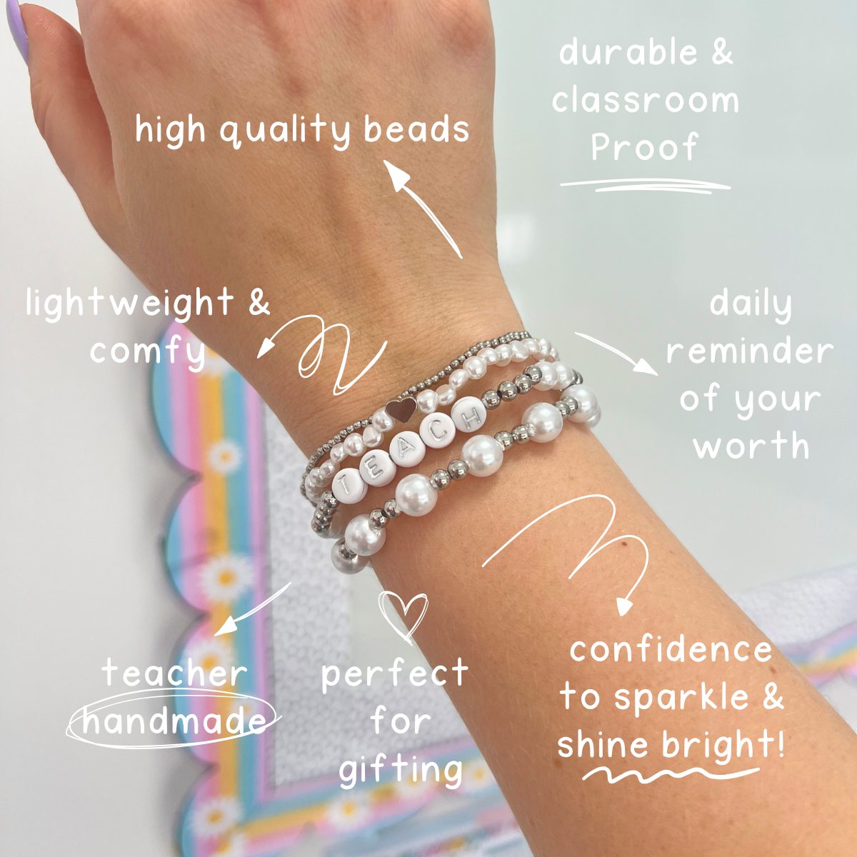 TEACH Teacher Beaded Bracelet - Pearl & Silver