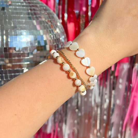 Beaded Bracelet 3x Stack - Shell & Gold WITHOUT Teach Beads