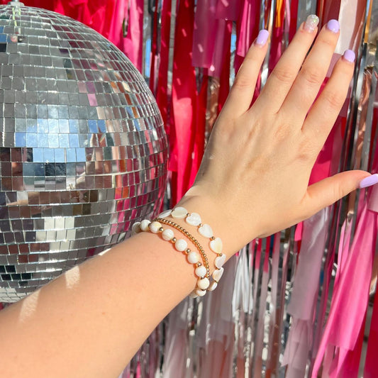 Beaded Bracelet 3x Stack - Shell & Gold WITHOUT Teach Beads