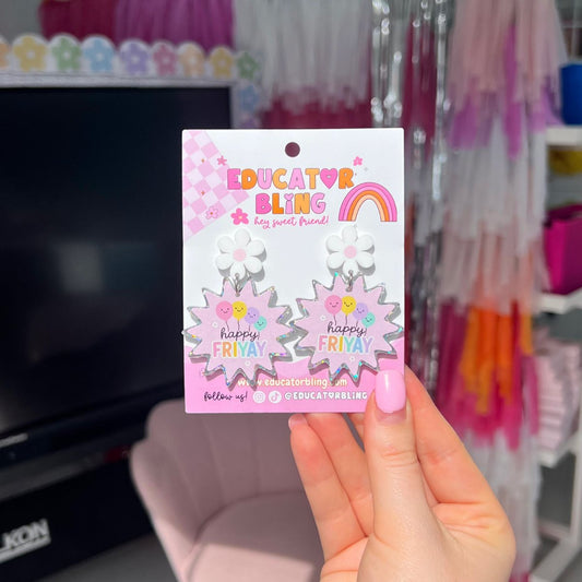 Close-up of Happy FriYAY rainbow glitter acrylic dangle earrings displayed on Educator Bling earring card, handmade for teachers