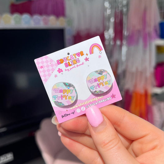 Close-up of Happy FriYAY rainbow glitter acrylic dangle earrings displayed on Educator Bling earring card, handmade for teachers.