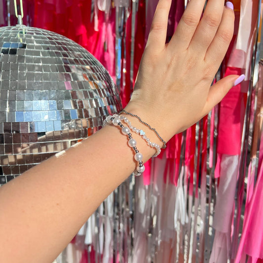 Beaded Bracelet 3x Stack - Pearl & Silver WITHOUT Teach
