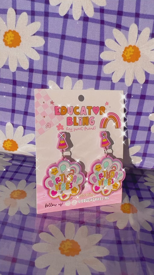 Birthday Vibes Rainbow Teacher Earrings Slow Glitter Pan