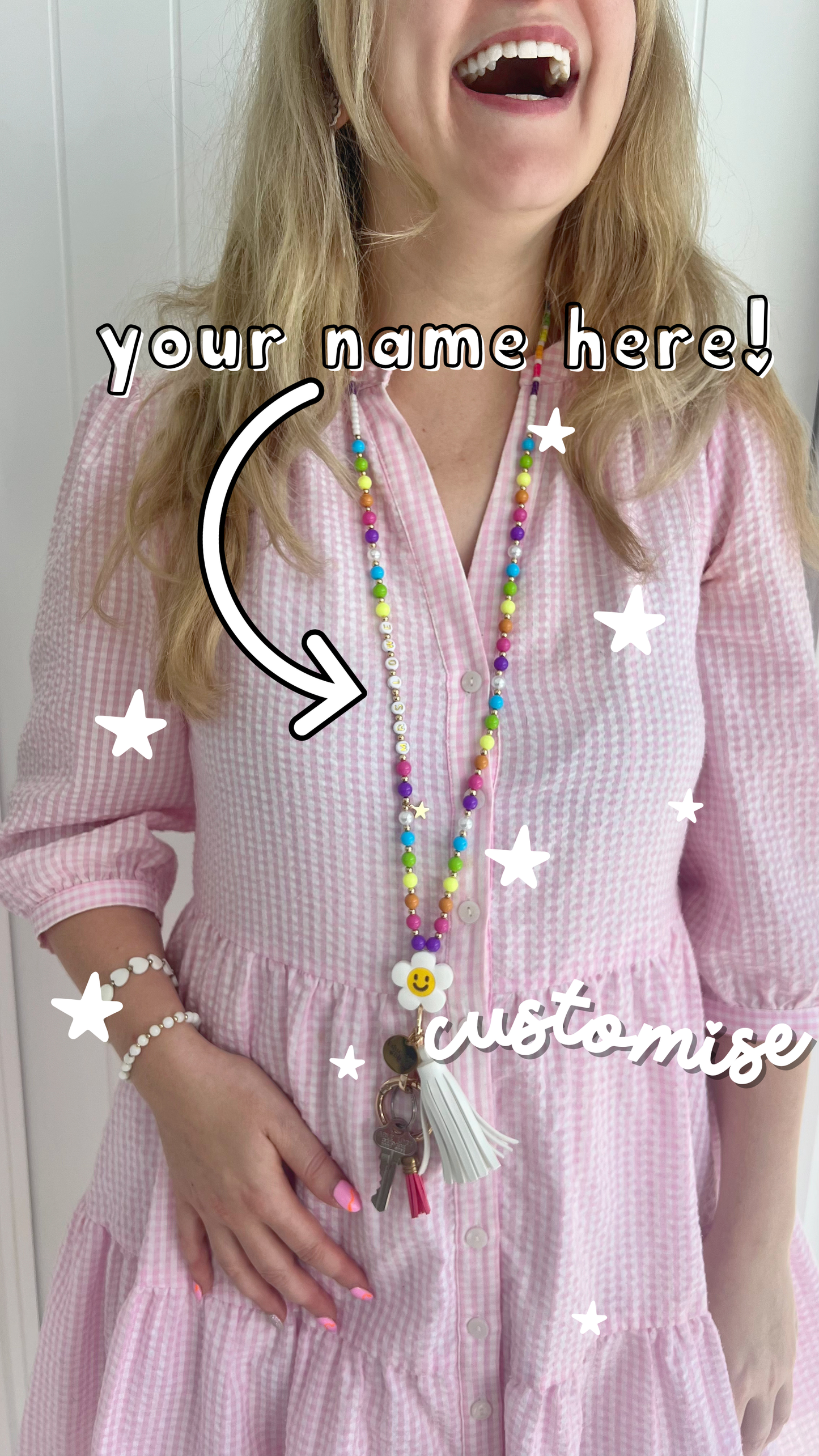 TEACH Teacher Beaded Lanyard - Rainbow Bright - Personalised Custom Name