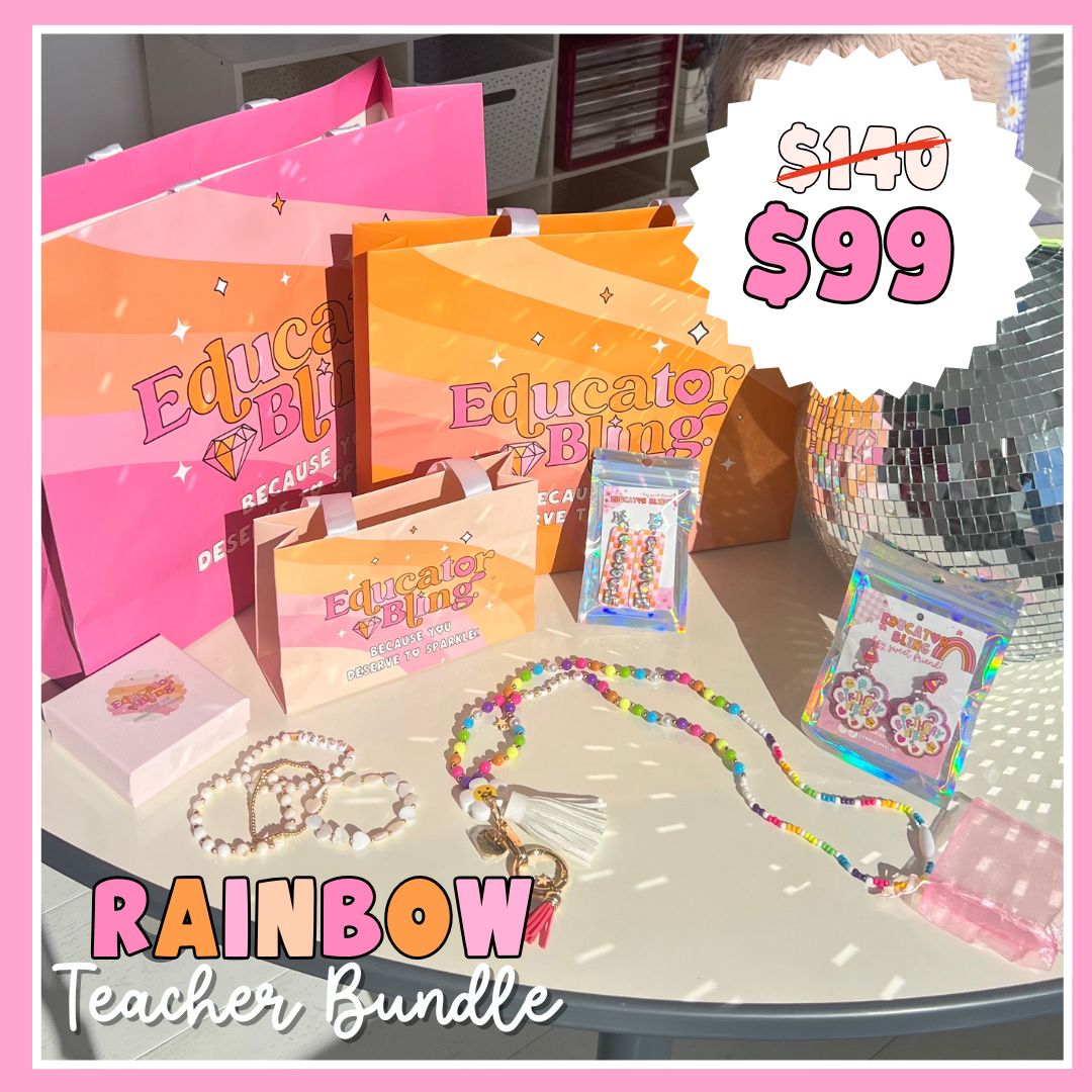 Colourful rainbow beaded teacher lanyard, earrings and bracelet stack from The Rainbow Teacher Bundle by Educator Bling, an easy way to try dopamine dressing at school
