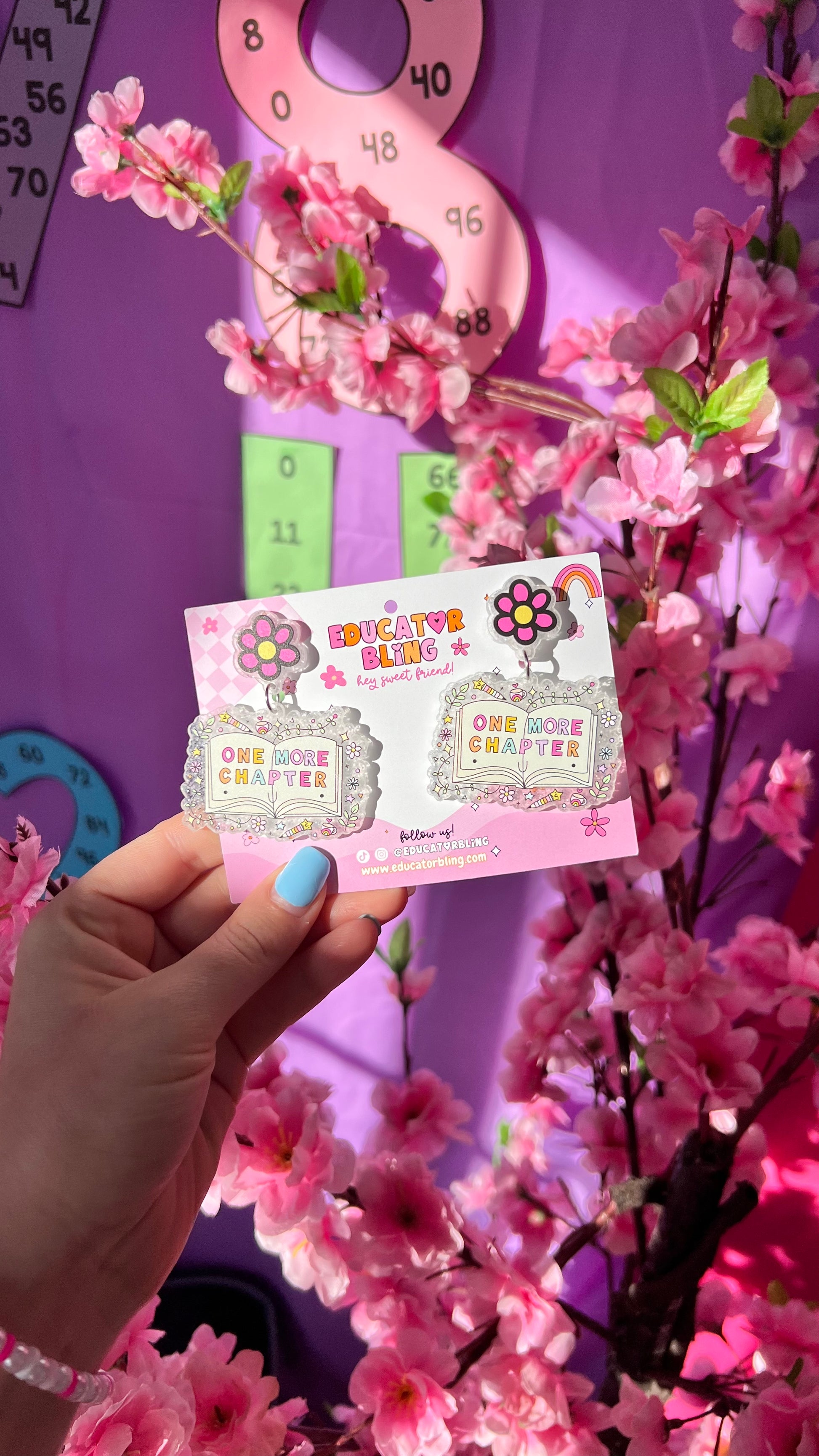 One More Chapter acrylic teacher earrings with a pink flower stud top – Educator Bling