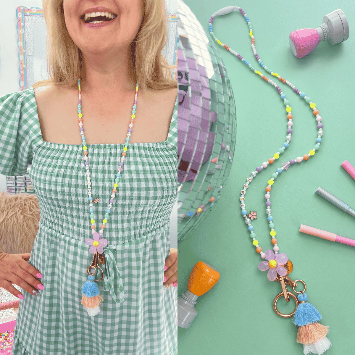 TEACH Teacher Beaded Lanyard - Pastel POP