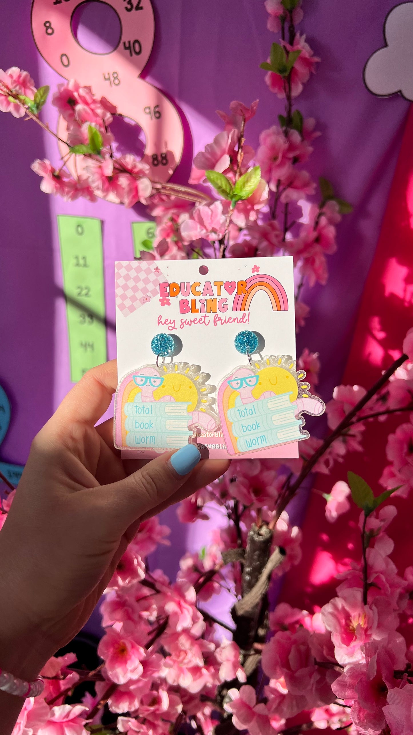 Total Book Worm acrylic teacher earrings with glitter stud tops – Educator Bling