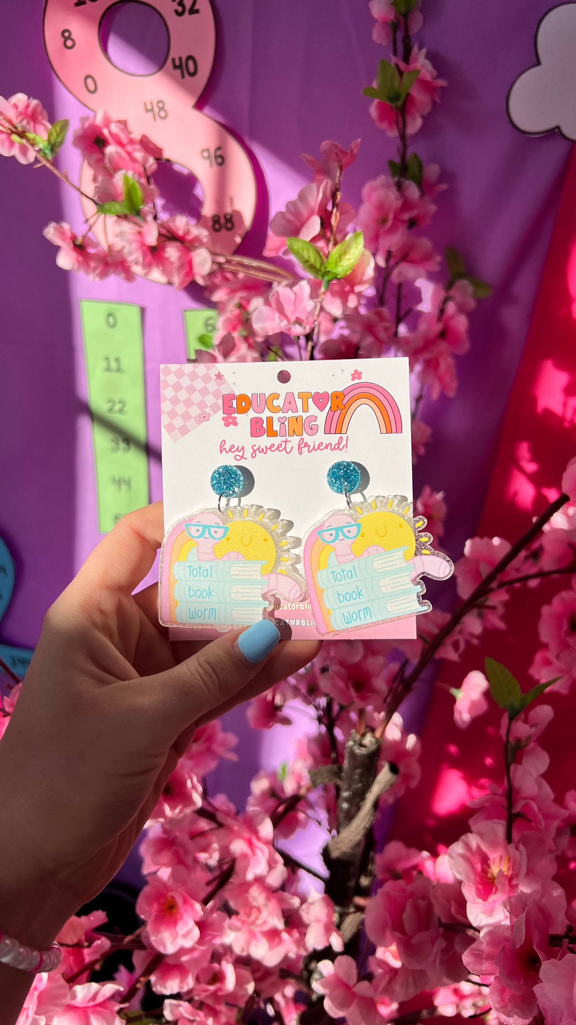 Total Book Worm acrylic teacher earrings with glitter stud tops – Educator Bling