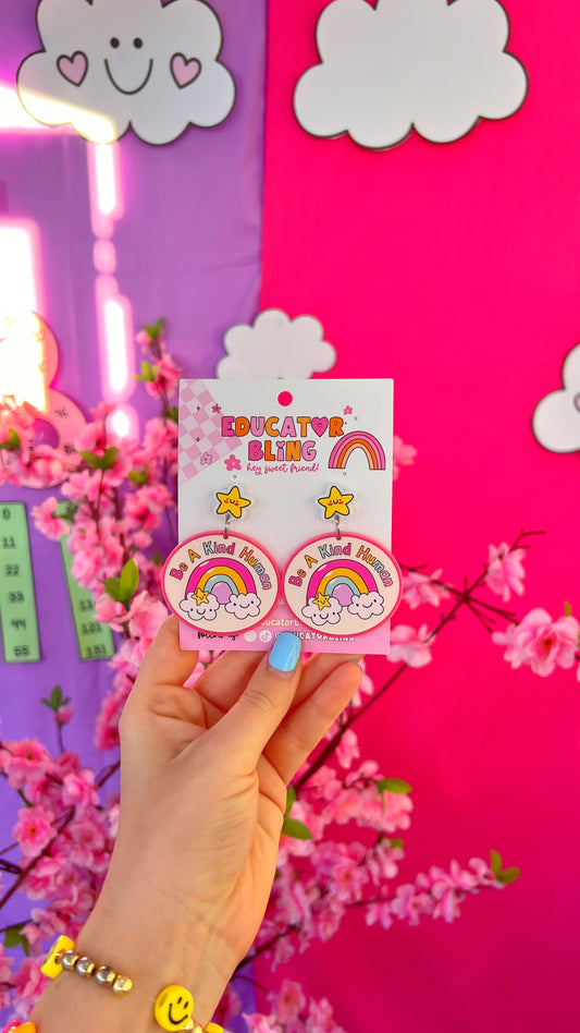 'Be a Kind Human' Teacher Earrings | Colourful Drop Dangle Acrylic Earrings