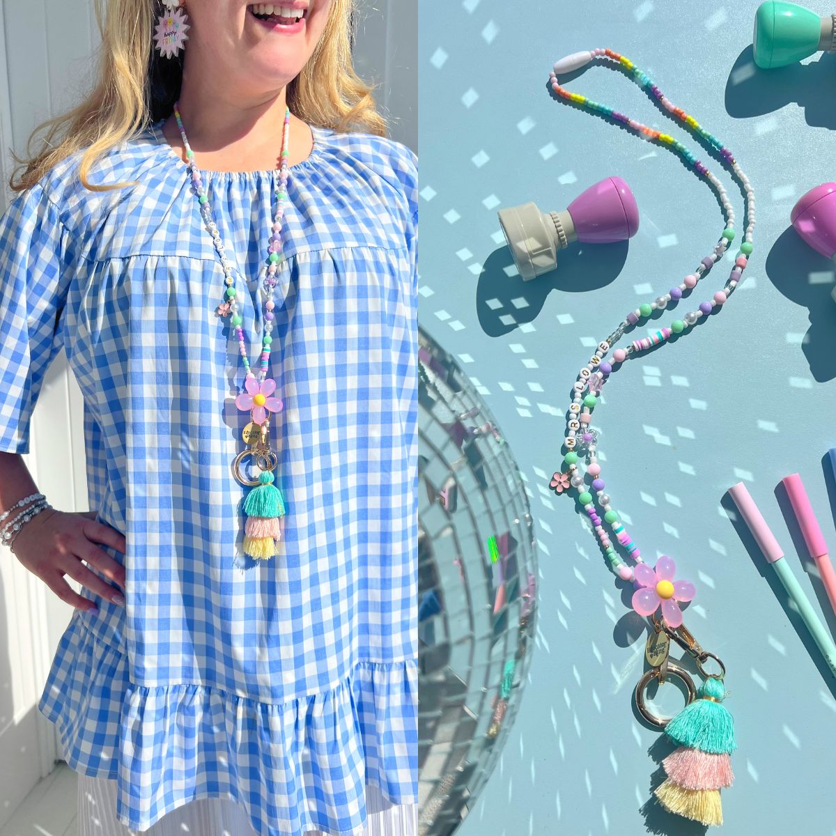 TEACH Teacher Beaded Lanyard - Pastel Rainbow - Personalised Custom Name