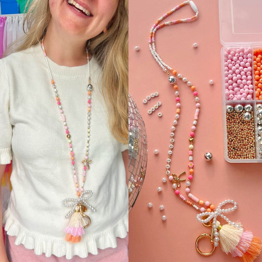 Personalised Teacher Beaded Lanyard - Pink & Orange - Custom Name