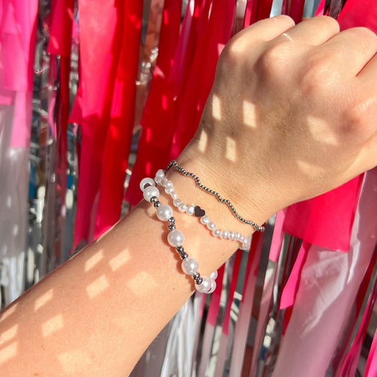 Beaded Bracelet 3x Stack - Pearl & Silver WITHOUT Teach
