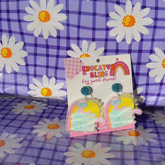 Total Book Worm teacher earrings – short video showing the colourful bookworm and book-stack dangle earrings