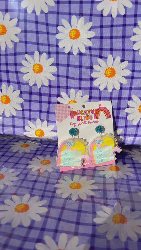 Total Book Worm teacher earrings – short video showing the colourful bookworm and book-stack dangle earrings