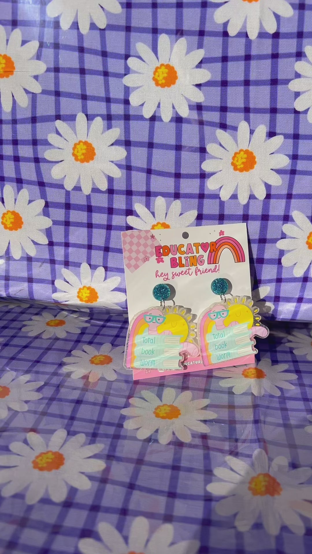 Total Book Worm teacher earrings – short video showing the colourful bookworm and book-stack dangle earrings