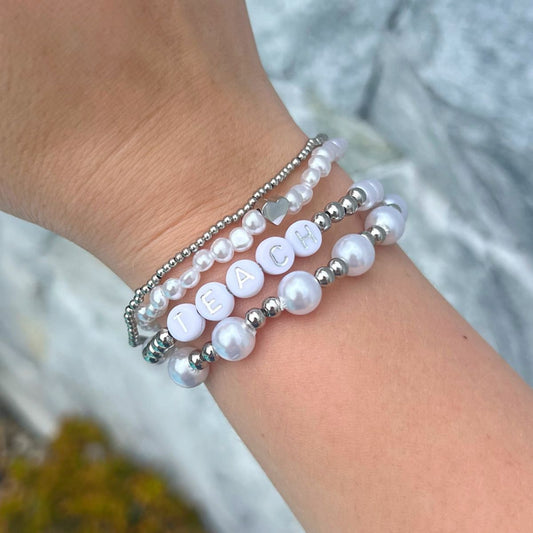 Handmade silver beaded teacher bracelet with pearl accent – Educator Bling