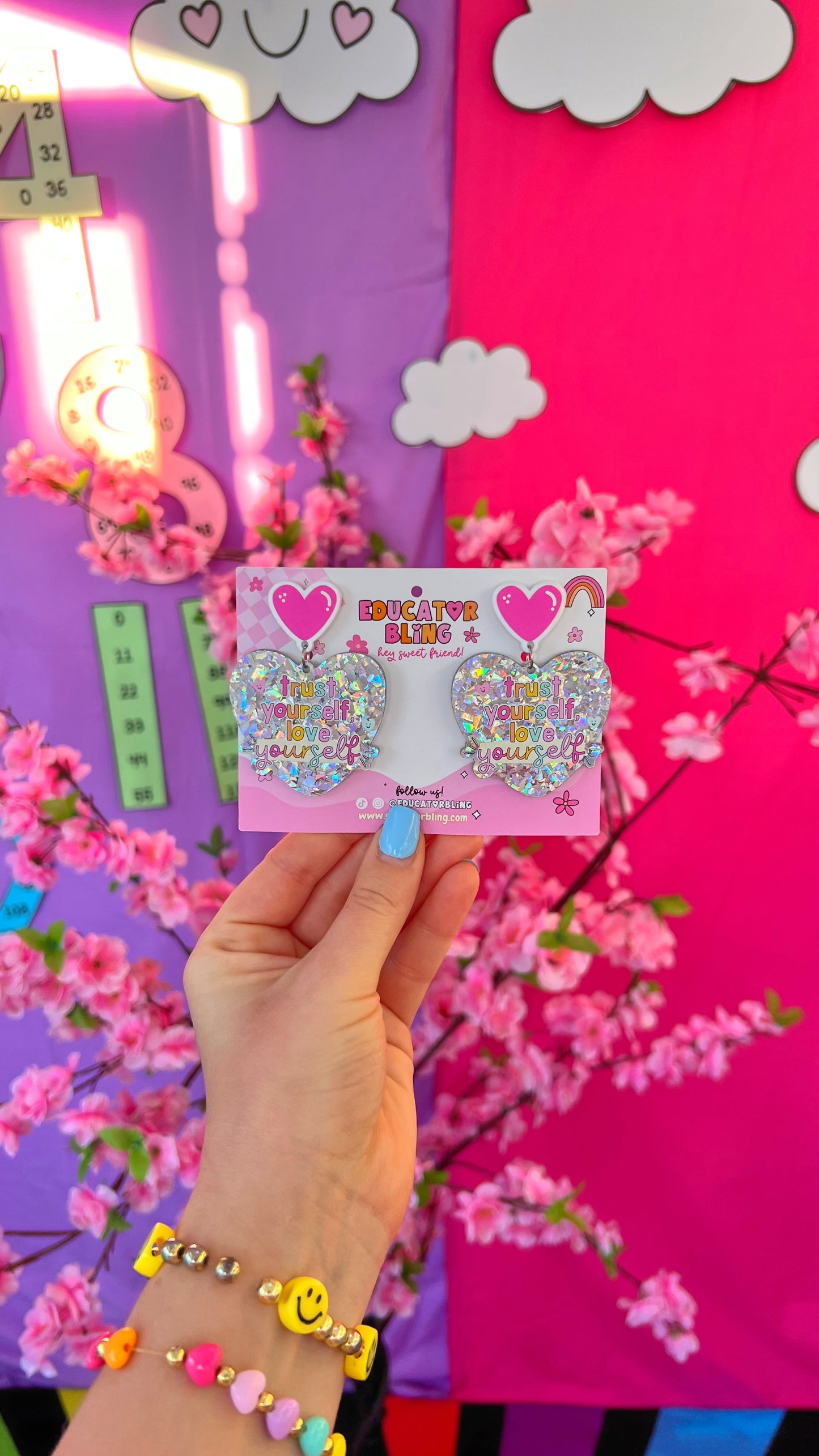 'Trust Yourself, Love Yourself' Teacher Earrings | Colourful Drop Dangle Acrylic Earrings